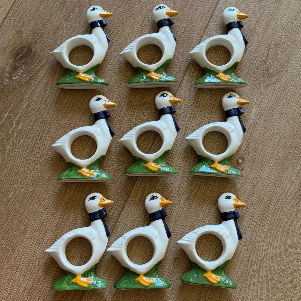 Vintage Ceramic Goose Napkin Rings Set of 9 White Blue Bow Farmhouse Decor